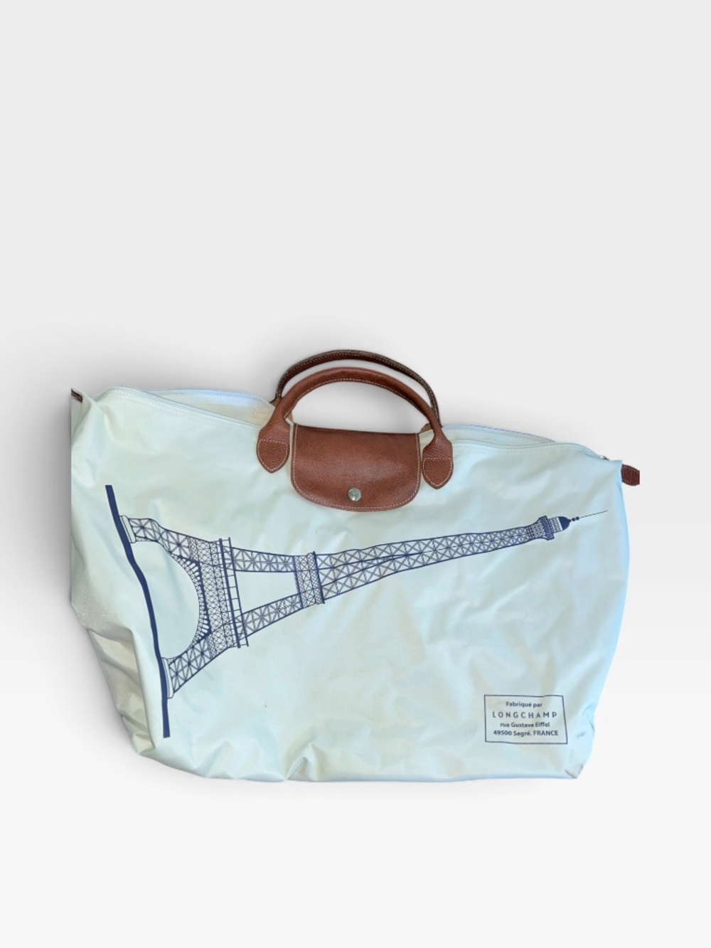 Longchamp Paris France white blue Eiffel Tower print travel weekender bag 17x14